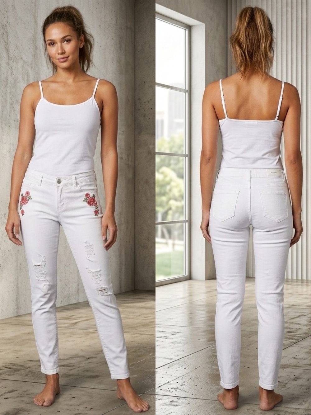 Angel Kiss White Skinny Jeans with Pink Rose Embroidery